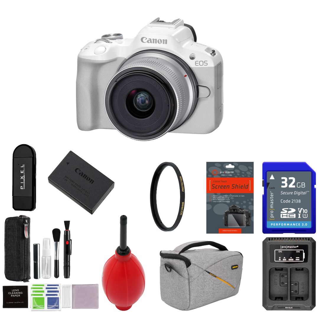 Canon EOS R50 Mirrorless Camera with 18-45mm Lens (White) Package
