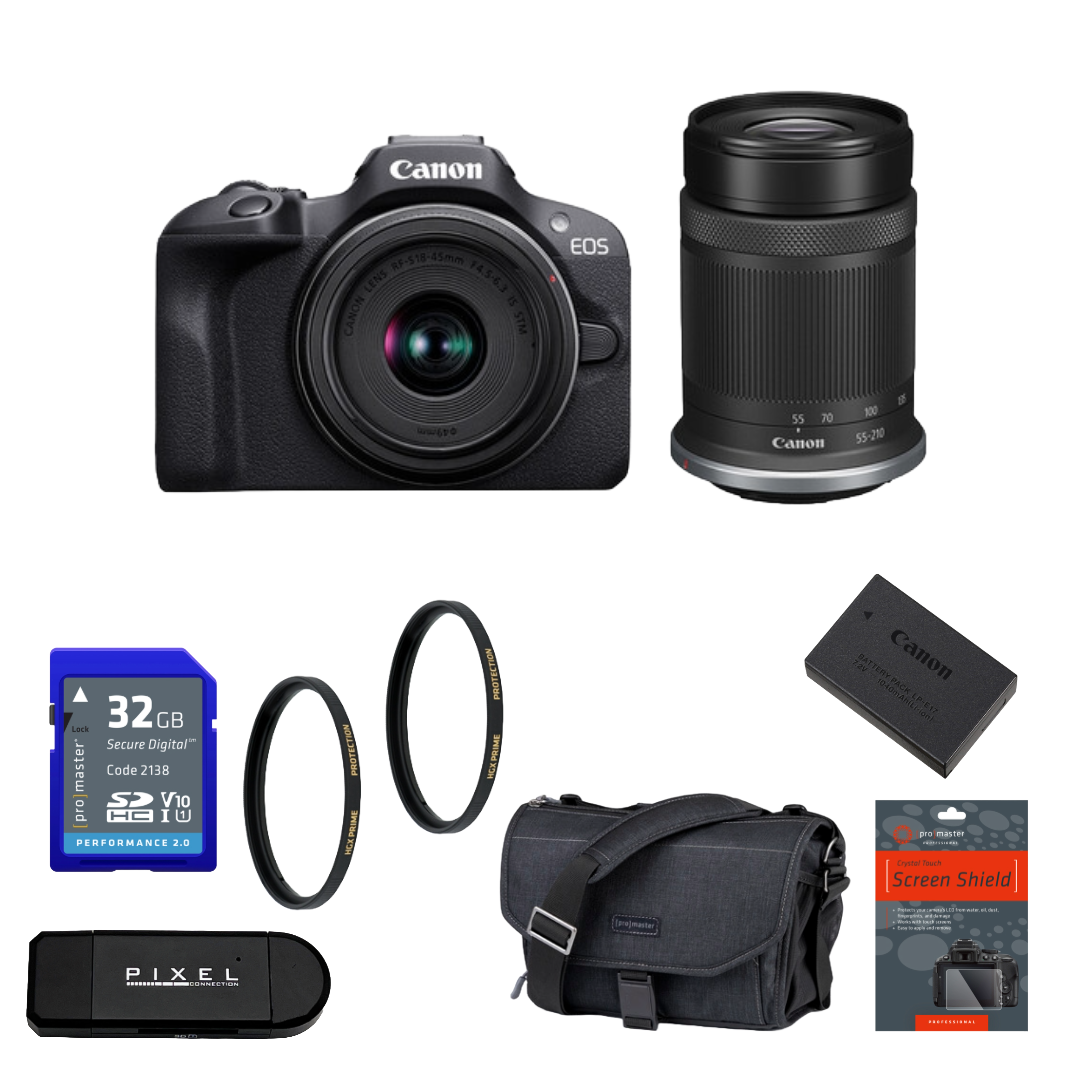 Canon EOS R100 Mirrorless Camera with 18-45mm and 55-210mm Lenses Package
