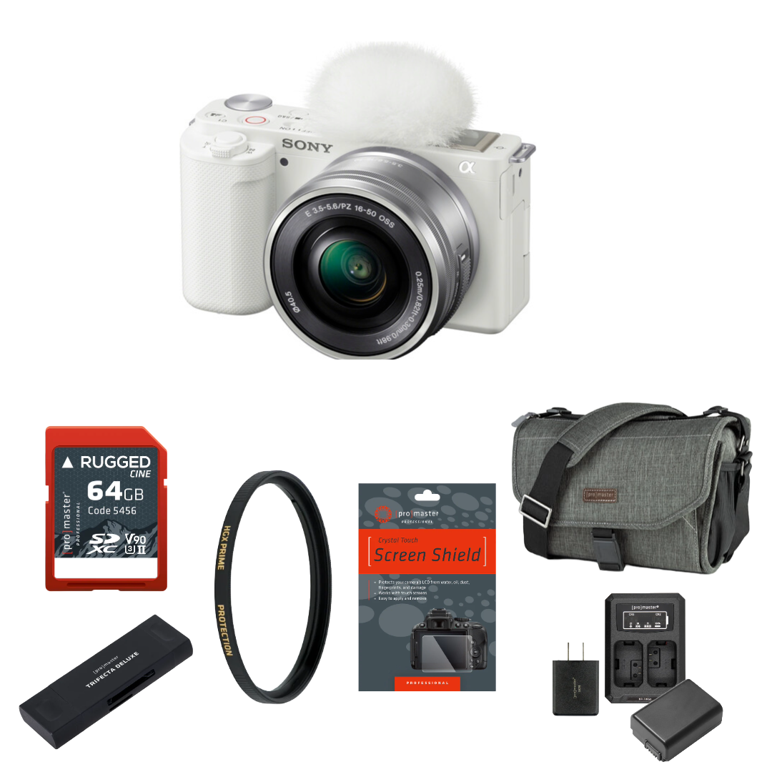 Sony ZV-E10 Mirrorless Camera with 16-50mm Lens (White) Package