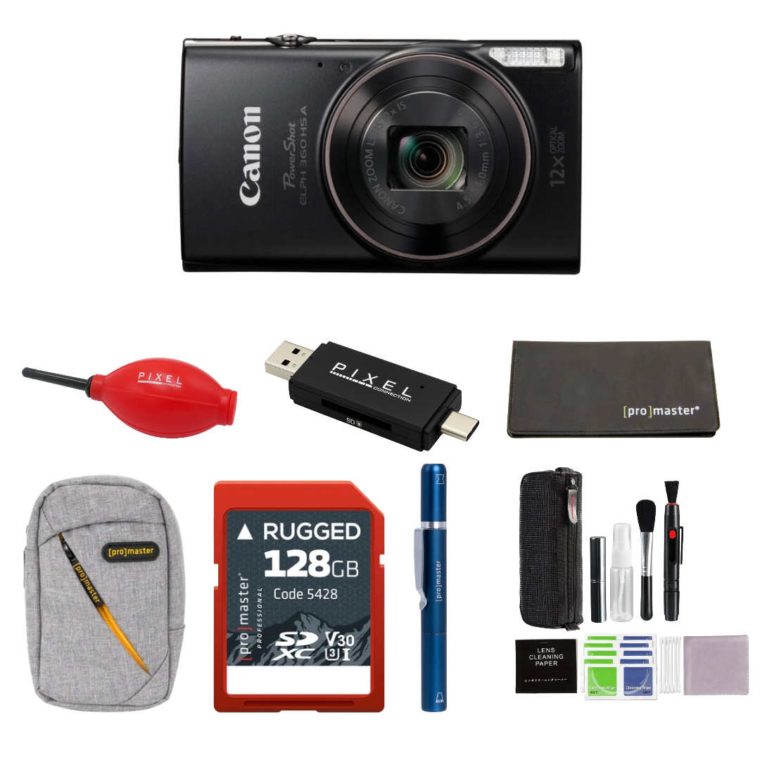 Canon PowerShot ELPH 360 HS A Digital Camera (Black) Package