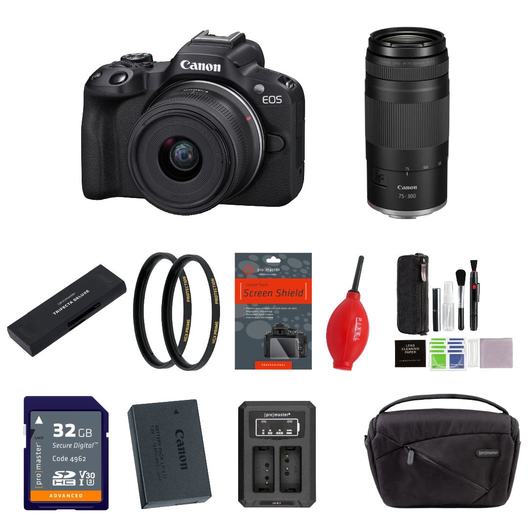 Canon EOS R50 Mirrorless Camera with 18-45mm Lens and RF 75-300mm f/4-5.6 Lens (Canon RF) (Black)