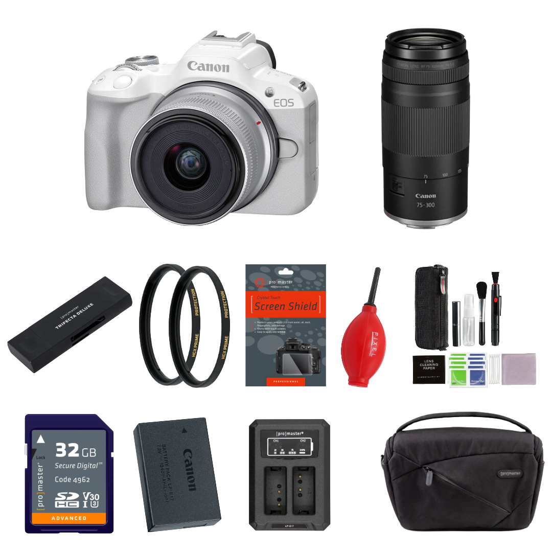 Canon EOS R50 Mirrorless Camera with 18-45mm Lens and RF 75-300mm f/4-5.6 Lens (Canon RF) (White)