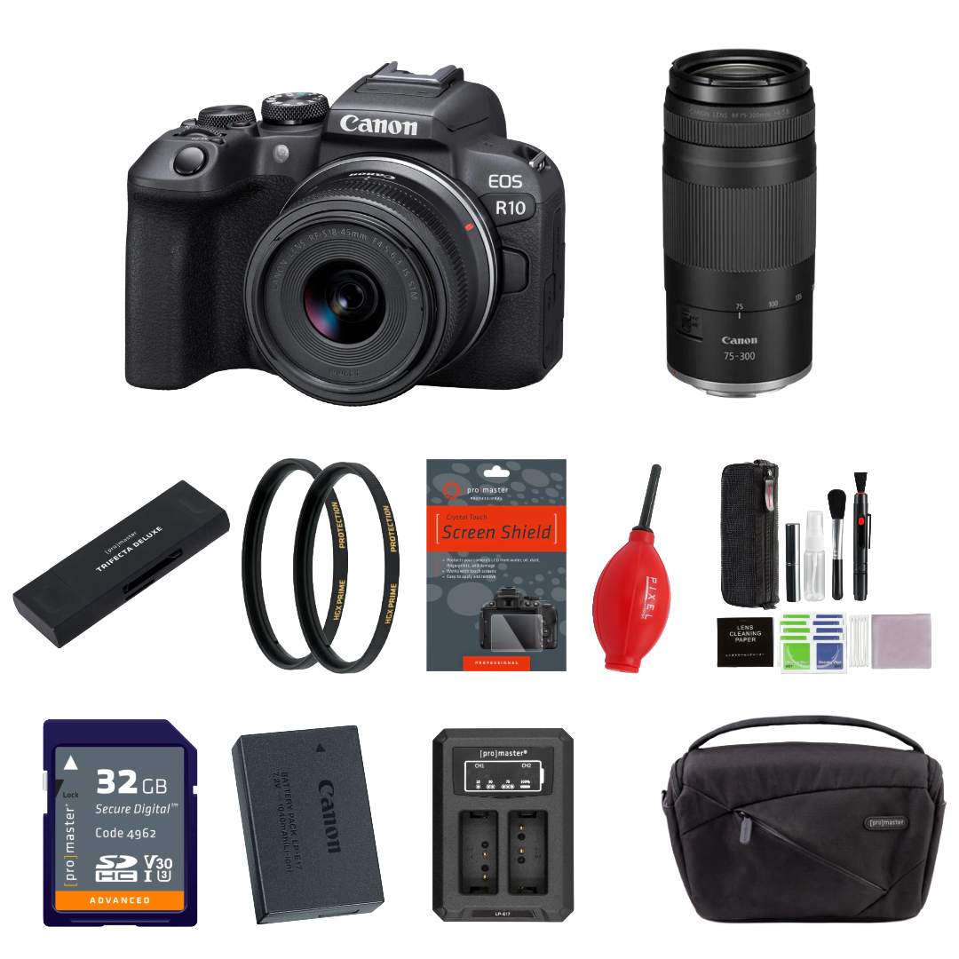Canon EOS R10 Mirrorless Camera with 18-45mm Lens and RF 75-300mm f/4-5.6 Lens (Canon RF) (Black)