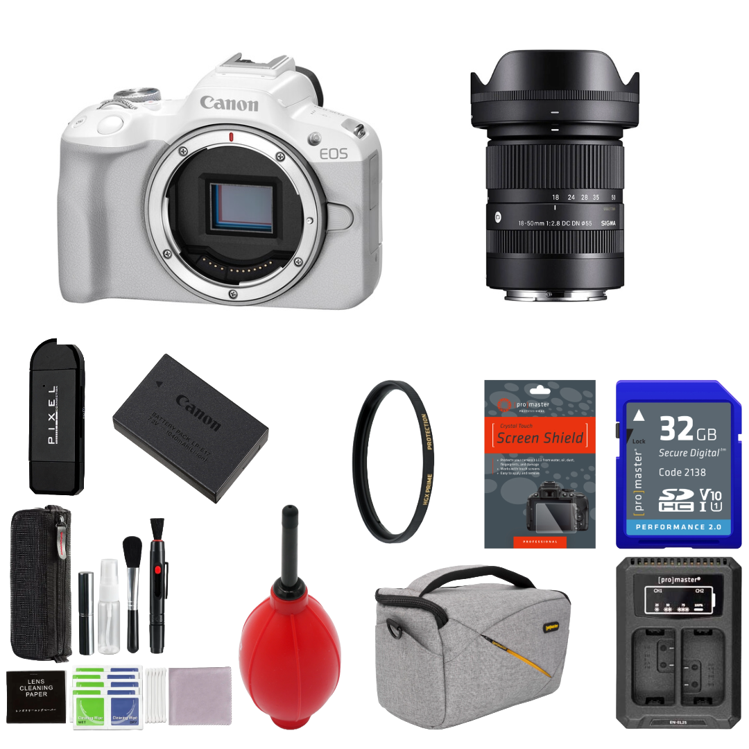 Canon EOS R50 Mirrorless Camera (White) with Sigma 18-50mm Lens Package