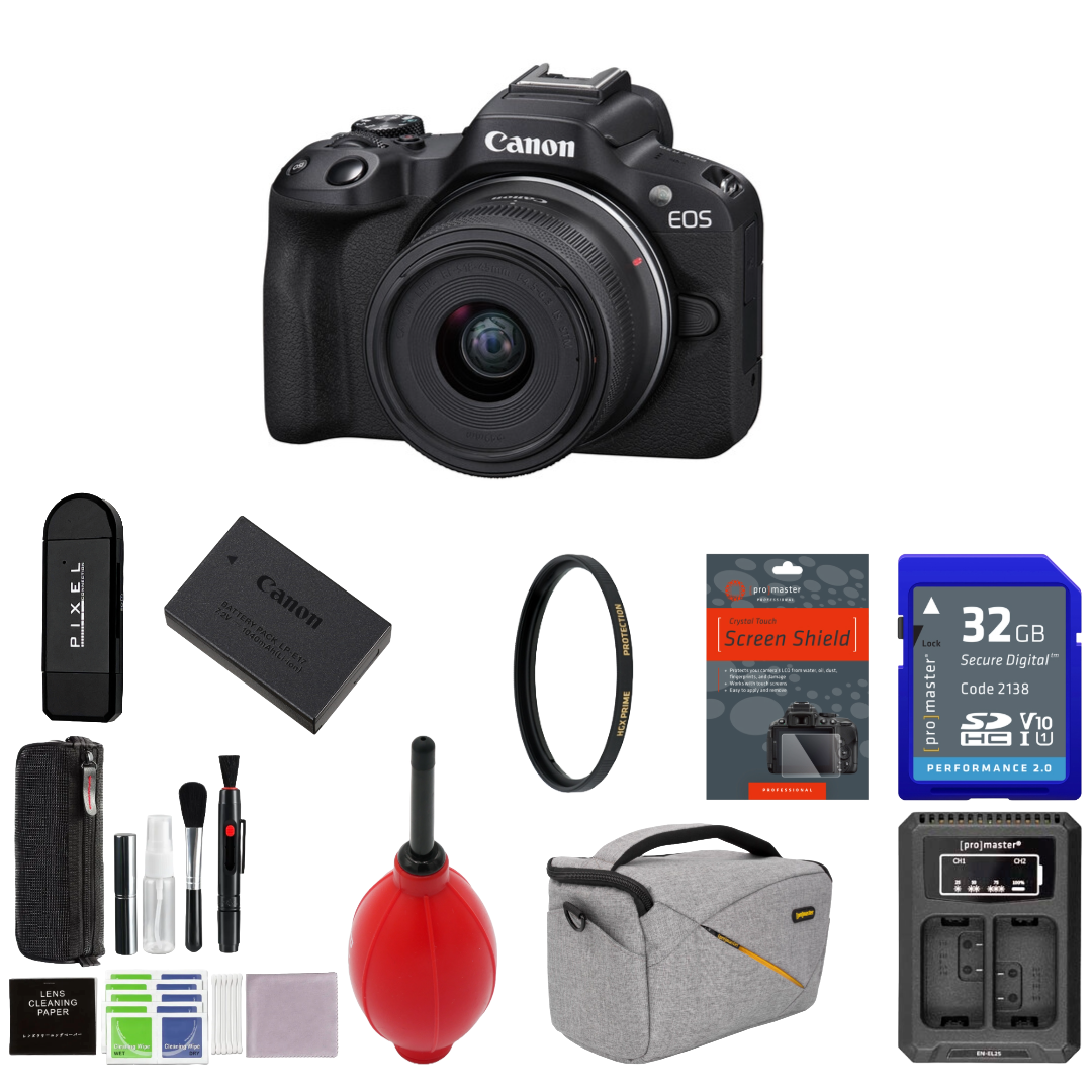Canon EOS R50 Mirrorless Camera with 18-45mm Lens (Black) Package