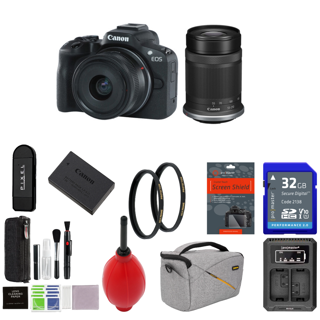 Canon EOS R50 Mirrorless Camera with 18-45mm and 55-210mm Lenses (Black) Package