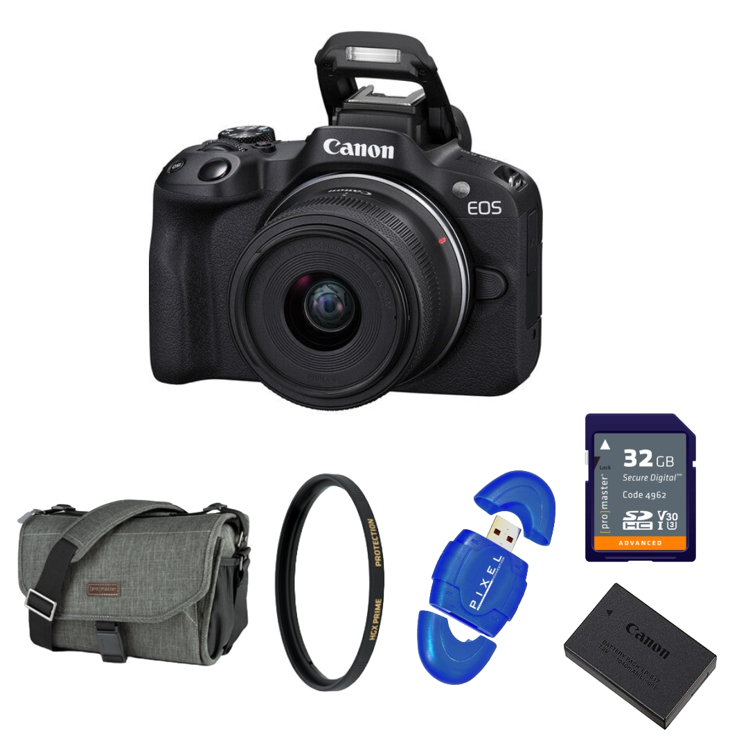 Canon EOS R50 Mirrorless Camera with 18-45mm Lens (Black) Package