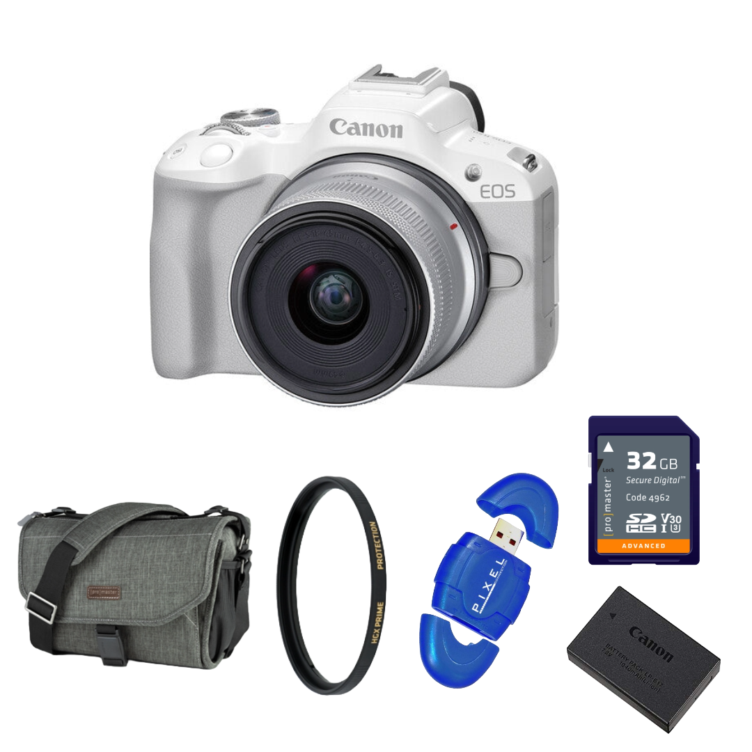 Canon EOS R50 Mirrorless Camera with 18-45mm Lens (White) Package