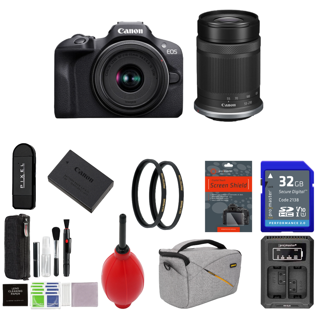 Canon EOS R100 Mirrorless Camera with 18-45mm and 55-210mm Lenses Package
